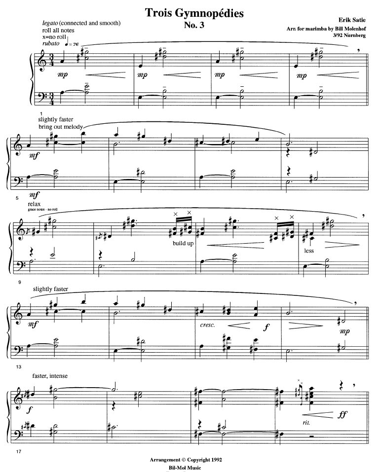 Trois Gymnopédies, No. 3 - Arr. for Solo Marimba