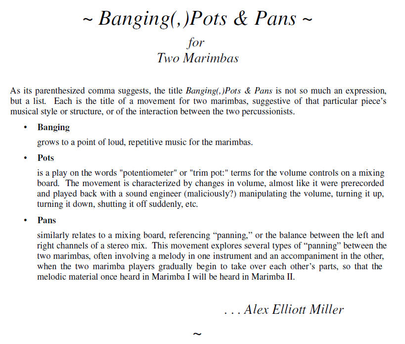 Banging(,) Pots and Pans for Marimba Duo