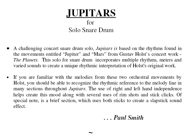 JUPITARS for Solo Snare Drum, Paul Smith