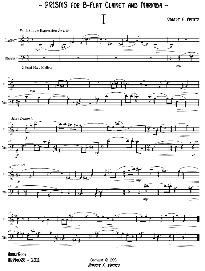 PRISMS for B-Flat Clarinet and Marimba, Robert E. Kreutz