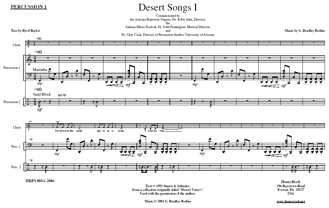 Desert Songs I,  for Choir and Percussion