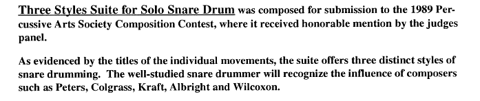 Three Styles Suite, for Solo Snare Drum