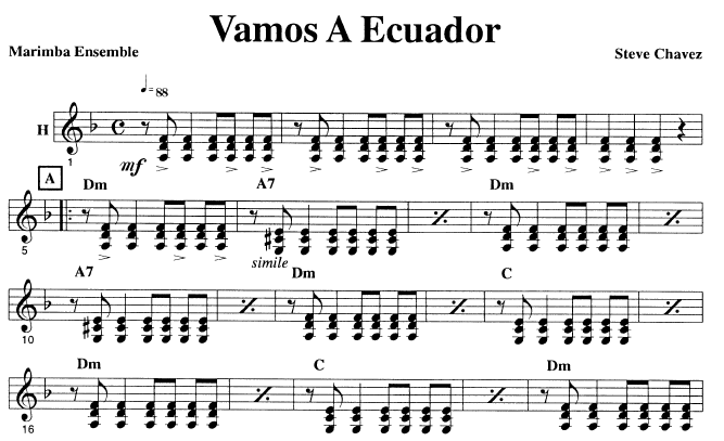 Vamos A Ecuador for Marimba Quartet